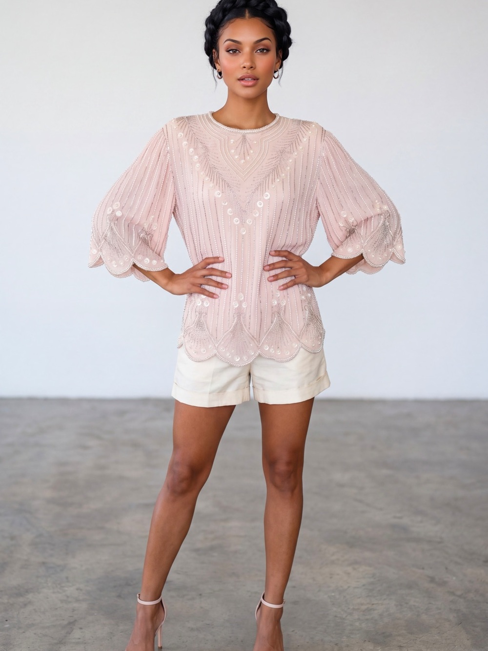 Vintage Blush Pink Scallop Sequin Blouse